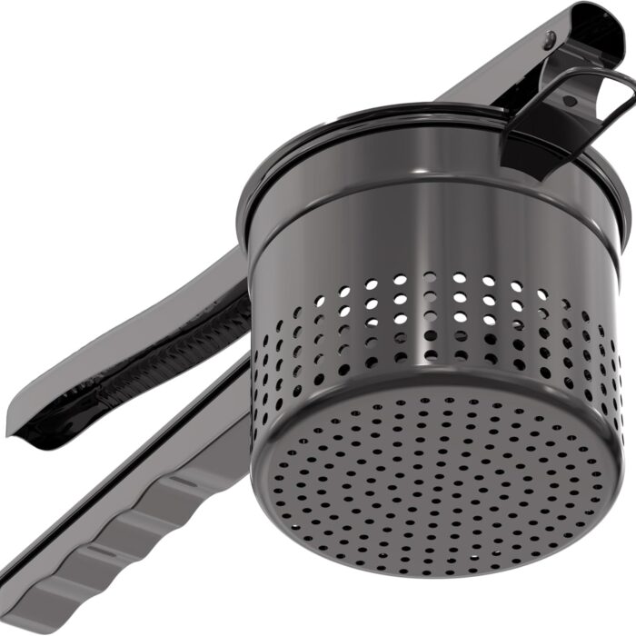 Large 15oz Potato Ricer. Heavy Duty Stainless Steel Ricer for Mashed Potatoes. Sweet Potato Masher Kitchen Tool with Ergonomic Handle. Press and Mash Kitchen Gadget. Black